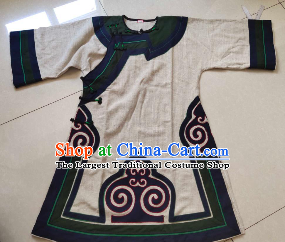 Chinese Yi Nationality Khaki Flax Long Shirt Ethnic Woman Garment Costume Liangshan National Minority Dance Clothing
