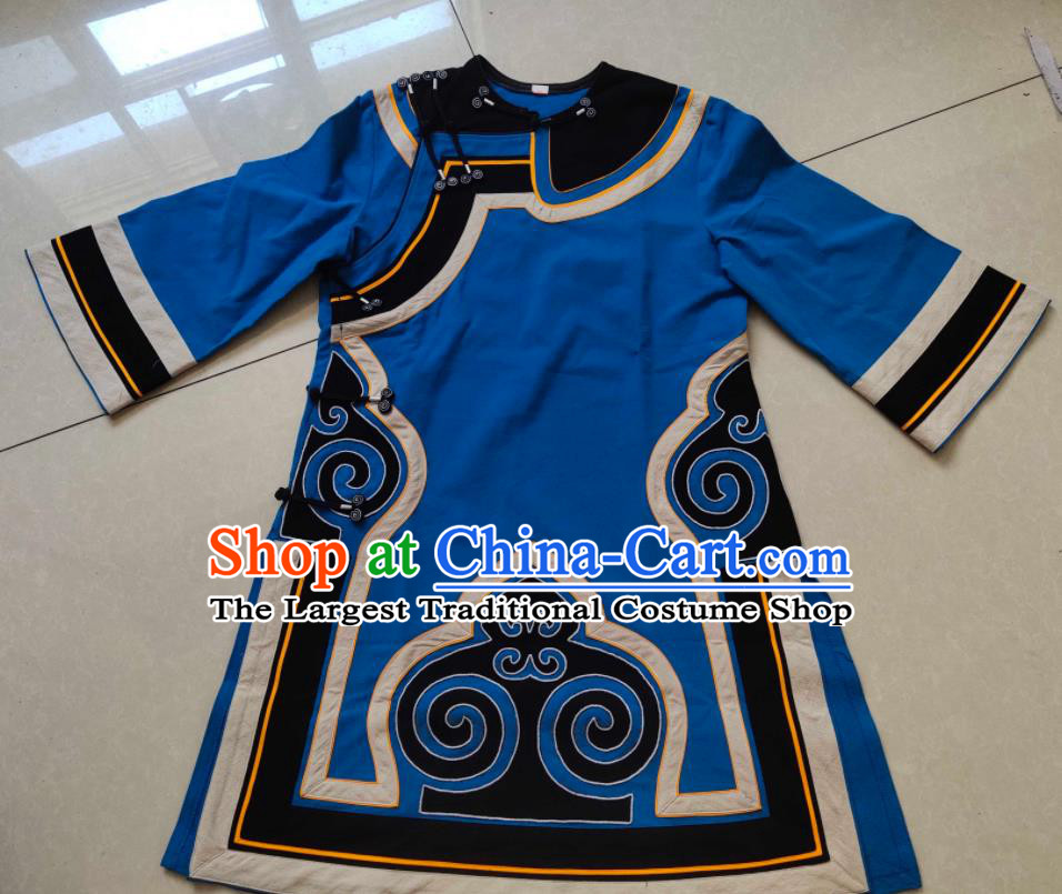 Chinese Yi Nationality Folk Dance Outer Garment Ethnic Woman Clothing Liangshan National Minority Blue Flax Jacket
