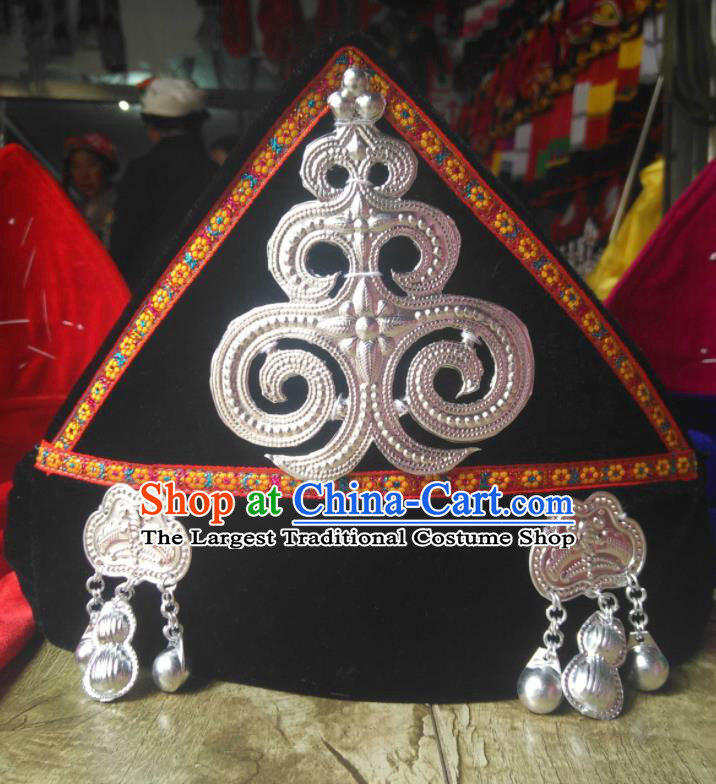 China Liangshan Ethnic Group Girl Headwear Handmade Silver Tassel Black Hat Yi Minority Children Dance Headdress