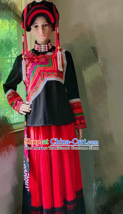 Chinese Liangshan National Minority Woman Uniforms Yi Nationality Folk Dance Costumes Ethnic Festival Performance Clothing