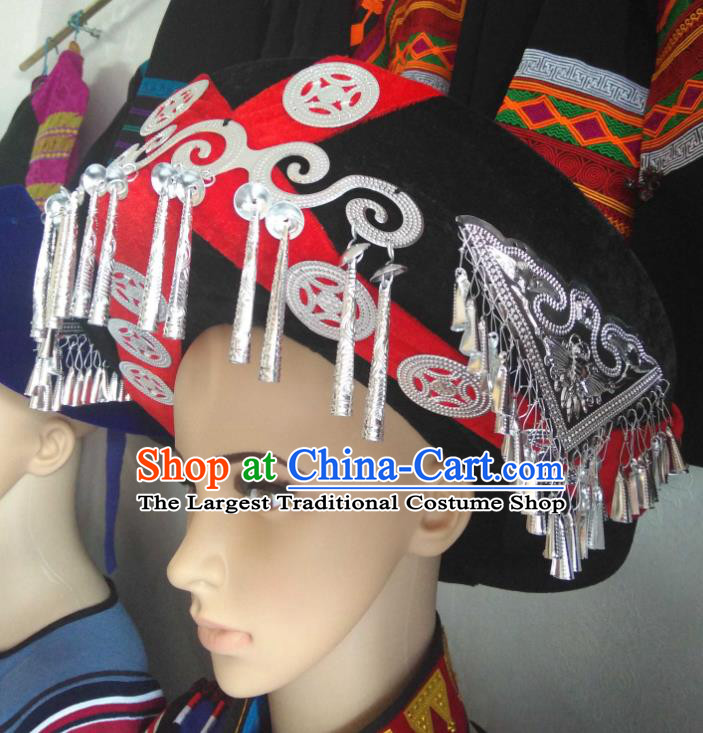 China Yi Minority Festival Headdress Liangshan Ethnic Group Wedding Bride Headwear Handmade Silver Tassel Circular Hat