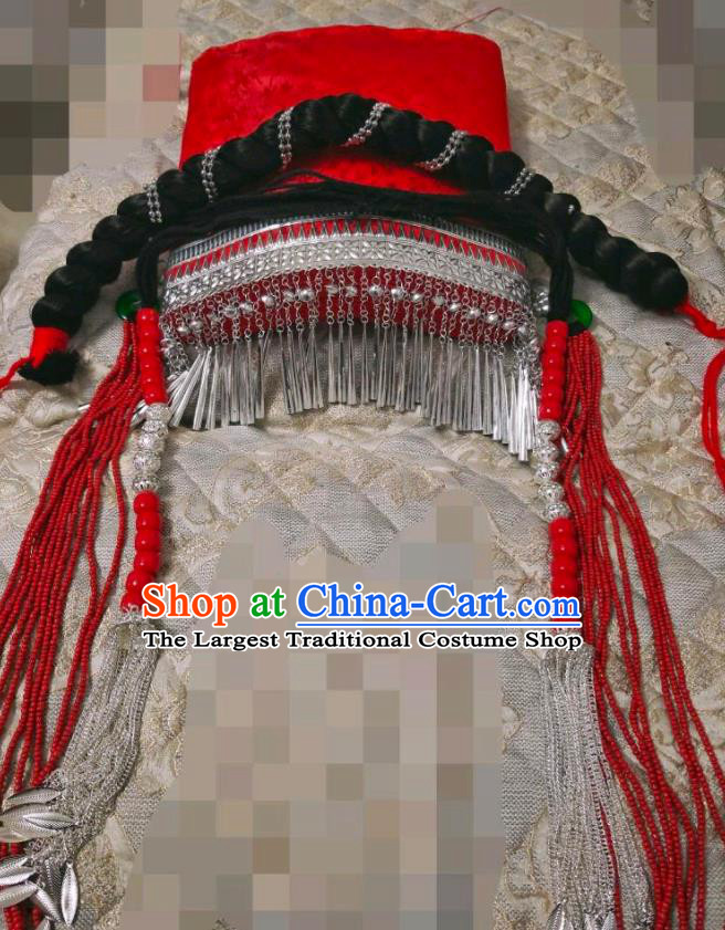 China Yi Nationality Female Headdress Handmade Minority Red Tile Hat Liangshan Ethnic Group Folk Dance Headwear