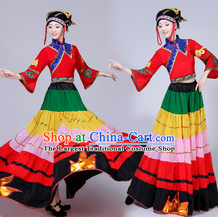 Chinese Liangshan National Minority Performance Garment Costumes Yi Nationality Torch Festival Clothing Ethnic Folk Dance Uniforms