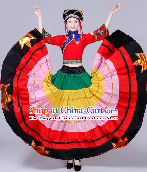 Chinese Liangshan National Minority Performance Garment Costumes Yi Nationality Torch Festival Clothing Ethnic Folk Dance Uniforms