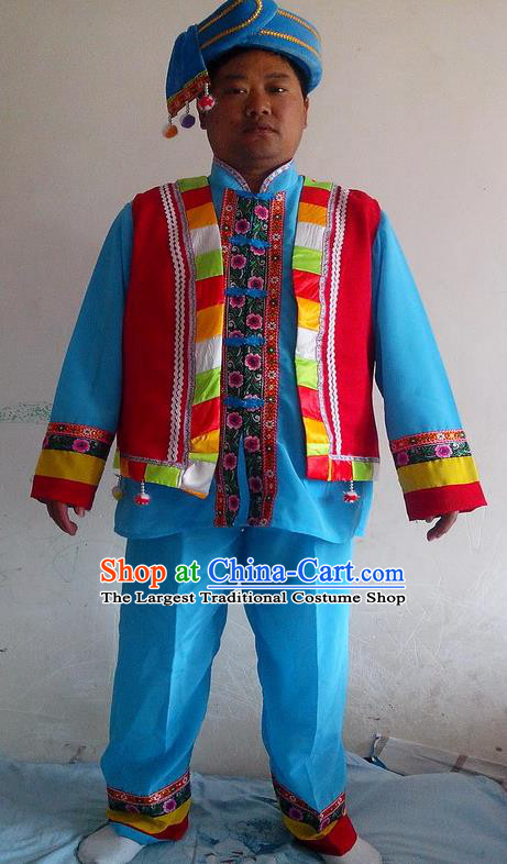 China Ethnic Cucurbit Flute Performance Blue Outfits Yunnan Minority Male Costumes Yi Nationality Folk Dance Clothing