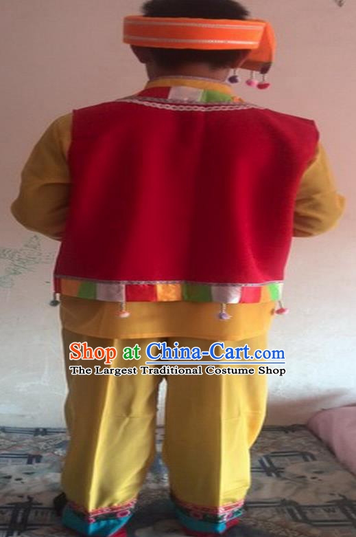 China Yi Nationality Folk Dance Clothing Ethnic Cucurbit Flute Performance Yellow Outfits Yunnan Minority Male Costumes