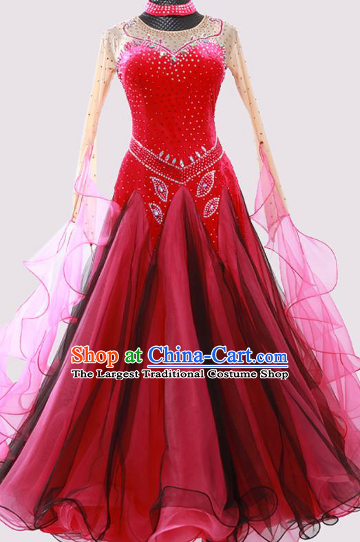 Custom Waltz Dancewear Modern Dance Fashion Garment International Dance Wine Red Pleuche Dress Ballroom Dancing Clothing