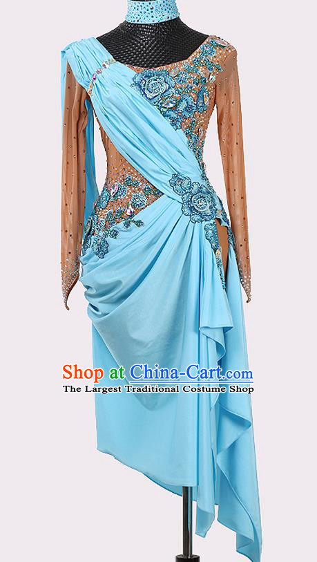 Top Cha Cha Dance Blue Dress Modern Dance Competition Clothing Ballroom Dance Fashion Latin Dance Costume