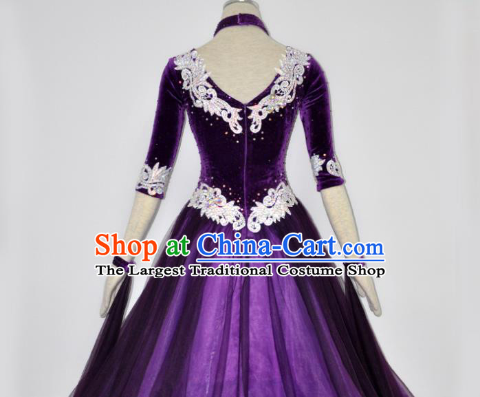 Custom Modern Dance Clothing International Dance Garment Woman Waltz Training Dancewear Ballroom Dancing Purple Pleuche Dress