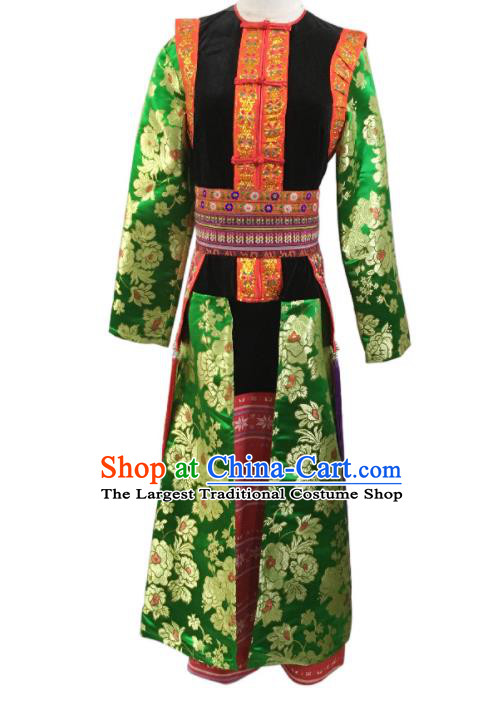 Chinese Ethnic Woman Festival Garment Costumes Yao Nationality Folk Dance Green Dress Clothing Minority Stage Performance Outfits
