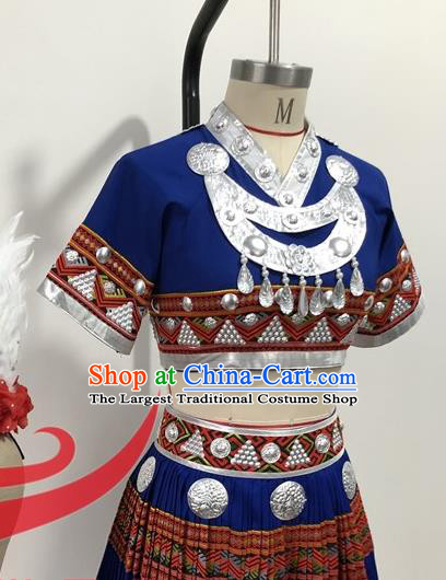 Chinese Yao Nationality Female Clothing Ethnic Folk Dance Blue Dress Uniforms Guangxi Minority Performance Garment Costumes