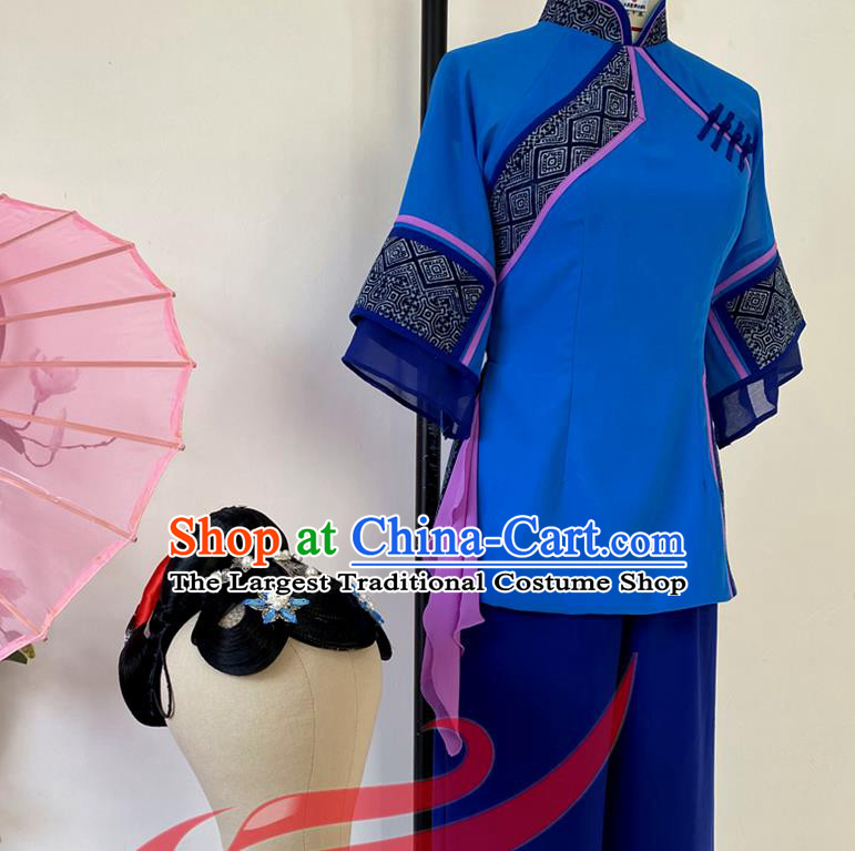 China Folk Dance Deep Blue Outfits Woman Group Dance Fashions Yangko Dance Uniforms Fan Dance Costumes
