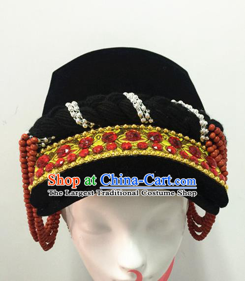 Top China Ethnic Stage Performance Headwear Yi Nationality Folk Dance Hair Accessories Minority Female Black Tile Hat