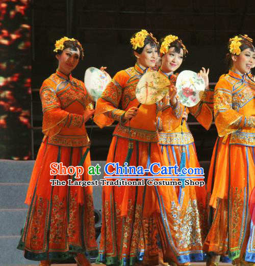 Chinese Female Group Dance Clothing Classical Dance Garment Costumes Stage Performance South Beauty Orange Dress Outfits