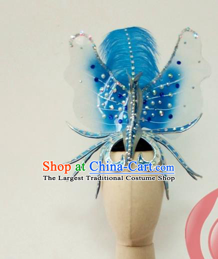 Top China Woman Group Dance Blue Feather Hair Crown Opening Dance Hair Accessories Spring Festival Gala Stage Performance Headdress