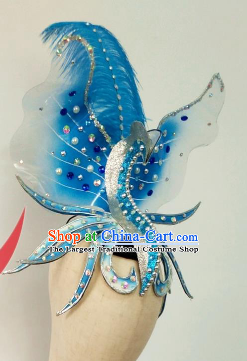 Top China Woman Group Dance Blue Feather Hair Crown Opening Dance Hair Accessories Spring Festival Gala Stage Performance Headdress