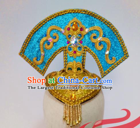 Top China Classical Dance Blue Hair Crown Stage Performance Headdress Female Group Dance Headpiece
