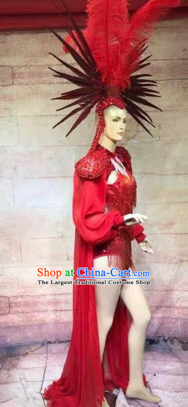 Custom Stage Show Red Feather Hair Accessories Catwalks Luxury Headdress Halloween Performance Hat