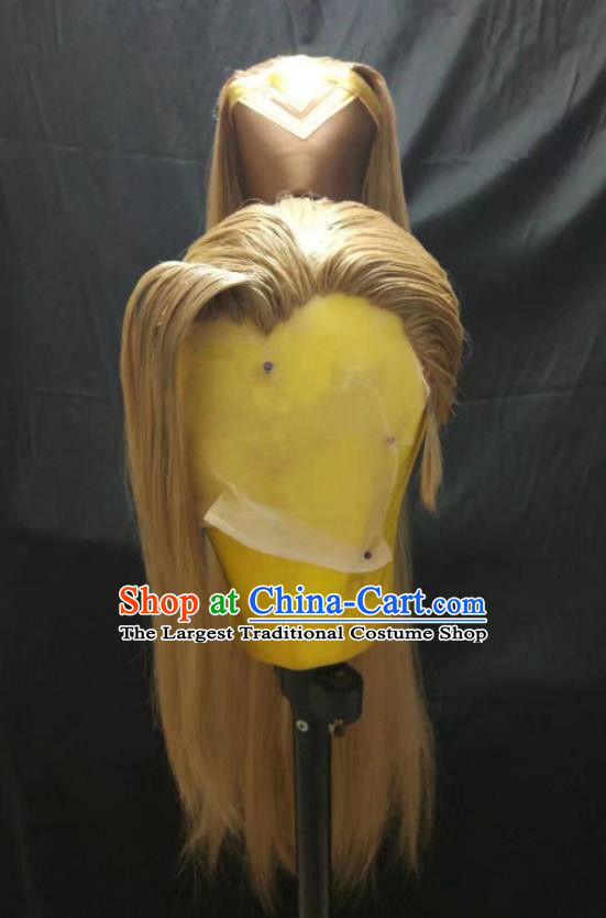Handmade China Ancient Swordsman Yellow Wigs and Hair Crown Cosplay Young Knight Hairpieces Traditional Honor of Kings Han Xin Headdress
