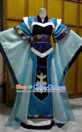 Chinese Ancient Emperor Blue Robe Uniforms Traditional Cosplay Swordsman Clothing Puppet Show Wen King Garment Costumes