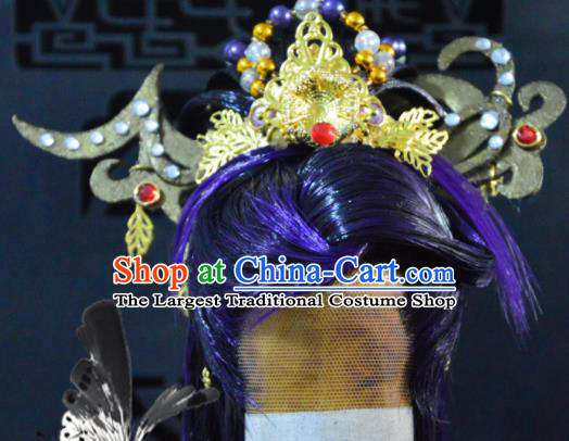 Handmade China Traditional Puppet Show Prince Headdress Ancient Swordsman Hair Accessories Cosplay Chivalrous Male Purple Wigs and Hair Crown