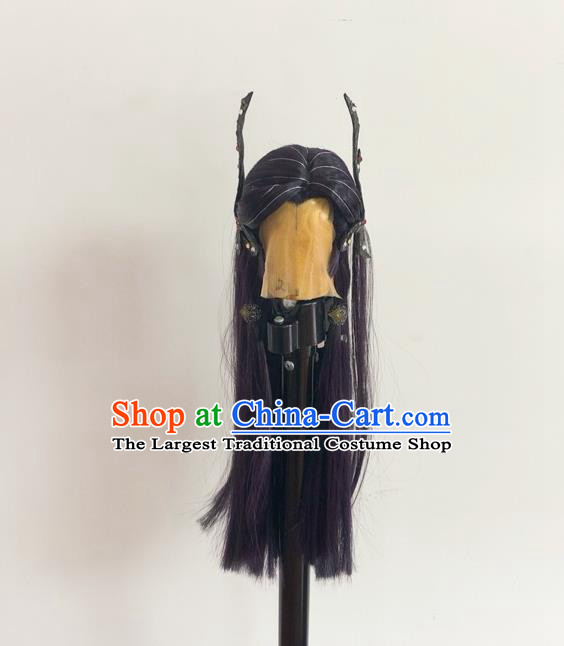 Handmade China Cosplay Swordsman Purple Wigs and Hair Crown Traditional Puppet Show Knight Ying Huo Headdress Ancient Dragon Prince Hairpieces