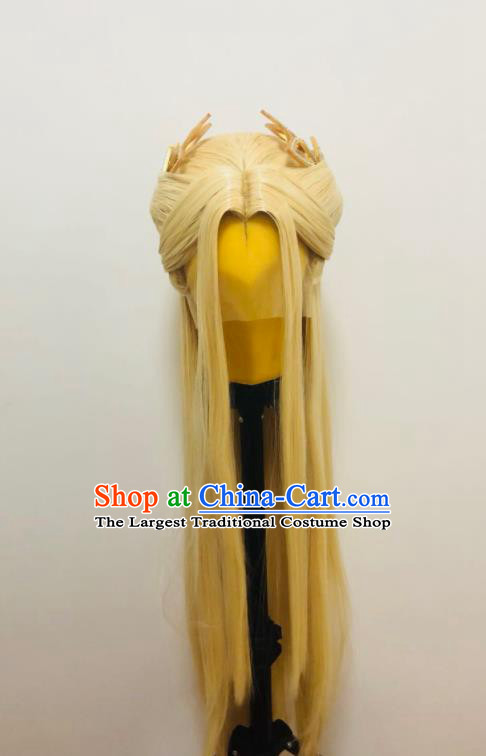 Chinese Traditional Puppet Show Hair Accessories Cosplay Moon Goddess Golden Wigs and Hair Crown Hairpieces Ancient Swordswoman Headdress