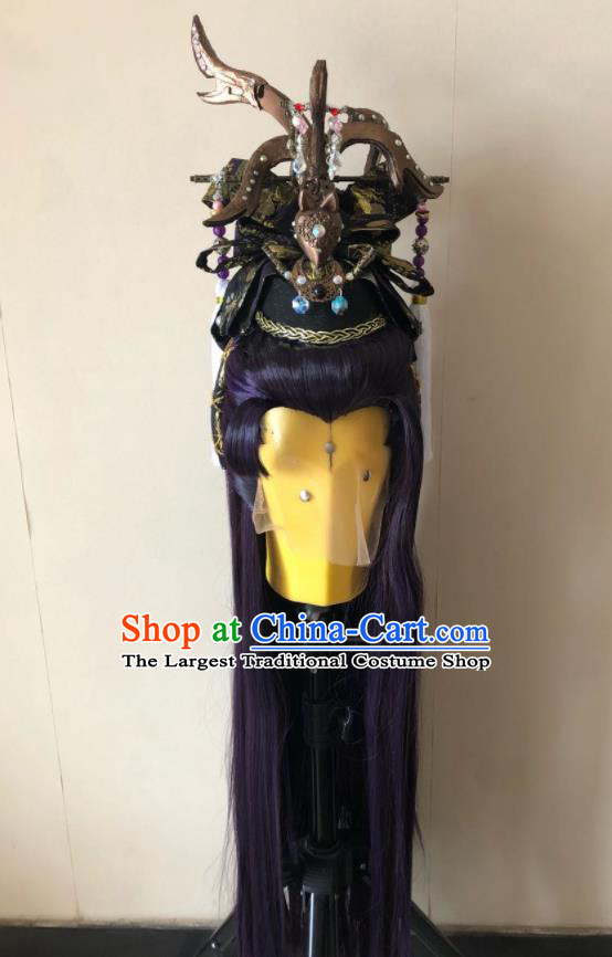 Handmade China Ancient Chivalrous Swordsman Headdress Cosplay Young Knight Purple Wigs Traditional Puppet Show Royal Prince Hairpieces