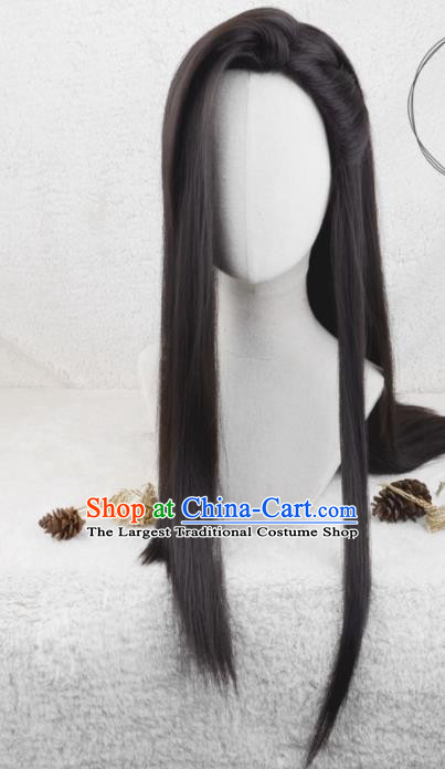 Handmade China Traditional Hanfu Noble Childe Hairpieces Ancient Prince Headdress Cosplay Swordsman Black Long Wigs