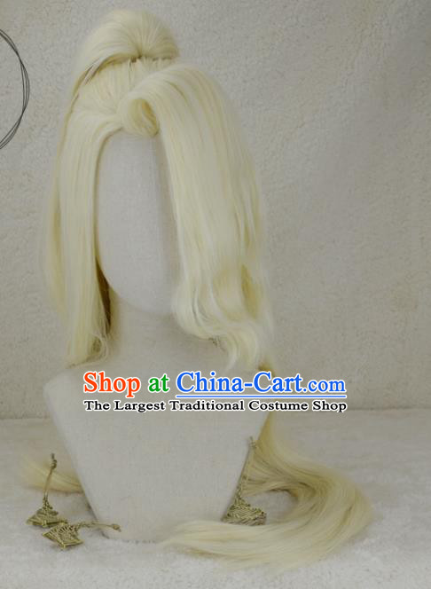 Chinese Traditional Swordswoman Curly Hairpieces Cosplay Female Knight Hair Accessories Ancient Young Lady Light Golden Wigs Headwear