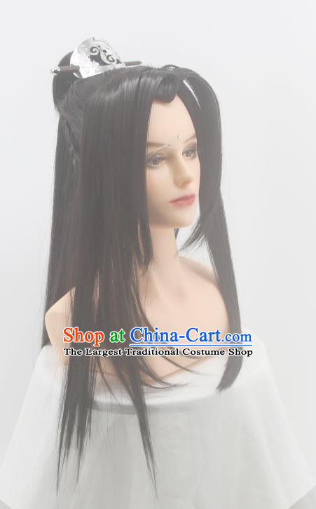 Handmade China Cosplay Young Hero Black Wigs Traditional Qin Dynasty Male Hairpieces Ancient Swordsman Headdress