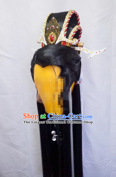 Handmade China Traditional Puppet Show Mo Lisao Hairpieces Ancient Swordsman Headdress Cosplay Royal Prince Black Wigs and Hair Crown