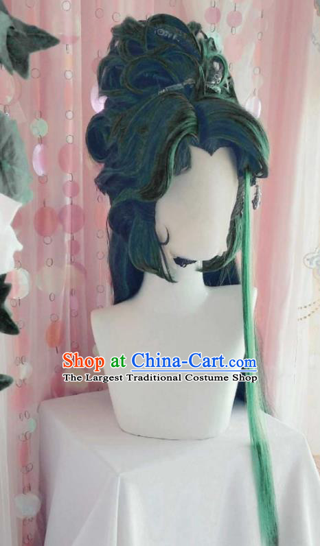 Handmade China Cosplay Swordsman Green Wigs Traditional Puppet Show Demon King Hairpieces Ancient Chivalrous Knight Headdress