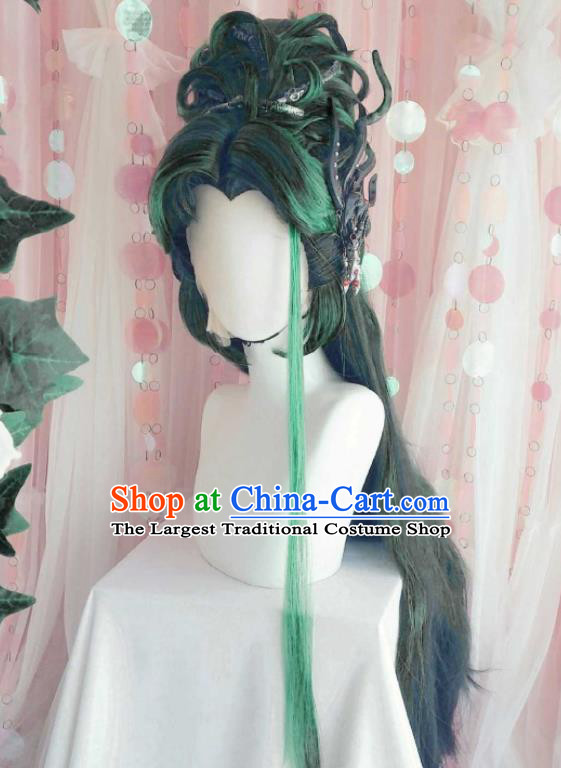 Handmade China Cosplay Swordsman Green Wigs Traditional Puppet Show Demon King Hairpieces Ancient Chivalrous Knight Headdress