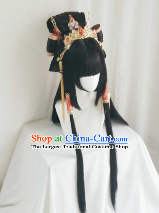 Chinese Cosplay Goddess Hair Accessories Ancient Swordswoman Wigs Headwear Traditional Puppet Show Princess Feng Cailing Hairpieces