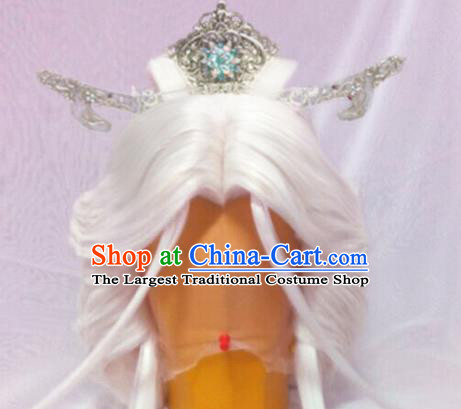 Handmade China Cosplay Immortal White Wigs and Hair Crown Traditional Puppet Show Su Huanzhen Hairpieces Ancient Taoist Priest Headdress