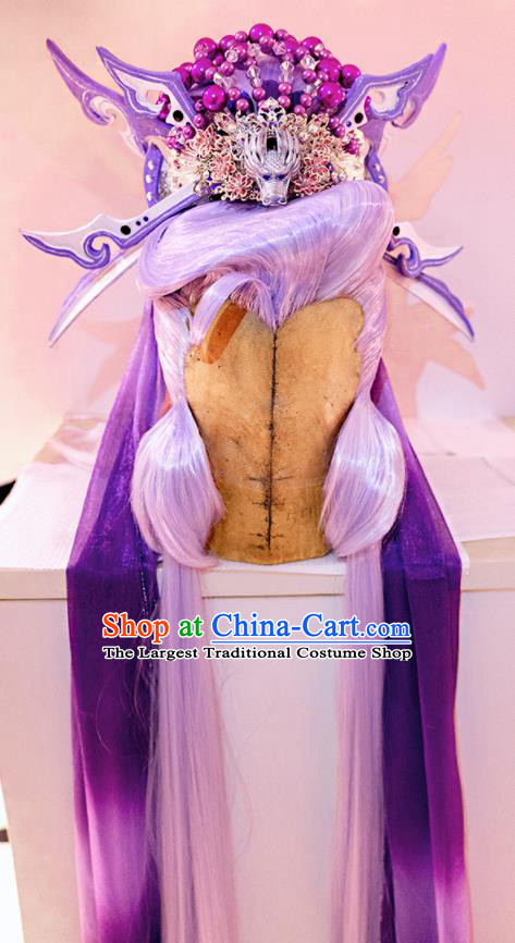 Handmade China Ancient Swordsman Headdress Cosplay King Purple Wigs and Hair Crown Traditional Puppet Show Taoist Priest Hairpieces