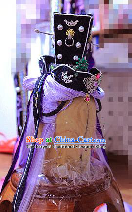 Handmade China Cosplay Taoist Purple Wigs and Hair Crown Traditional Puppet Show Chivalrous Man Hairpieces Ancient King Headdress
