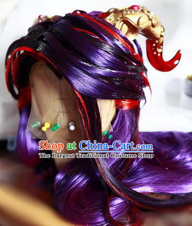 Handmade China Traditional Puppet Show Demon Prince Hairpieces Ancient Swordsman Headdress Cosplay Magic Lord Purple Wigs and Hair Crown