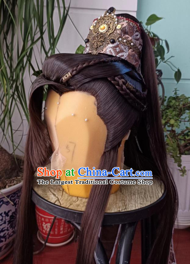 Handmade China Ancient Noble Childe Headdress Cosplay Swordsman Brown Wigs and Hairdo Crown Traditional Puppet Show Qi Hanyu Hairpieces