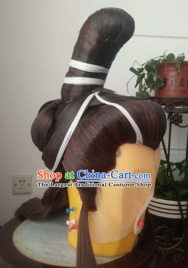 Chinese Puppet Show Xi Xueyi Headdress Traditional Handmade Cosplay Warrior Brown Wigs Hairpieces Ancient Swordsman Periwig Hair Accessories
