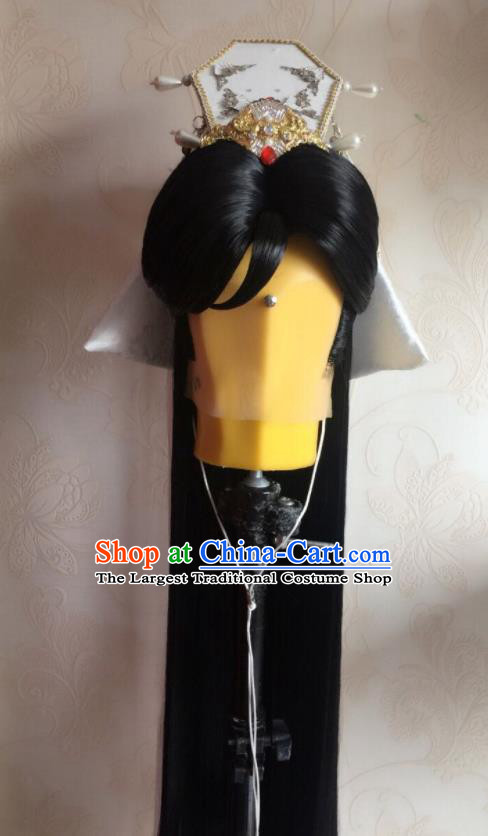 Chinese Handmade Puppet Show Swordsman Headdress Traditional Cosplay Prince Black Wigs and Hair Crown Hairpieces Ancient Emperor Periwig Hair Accessories