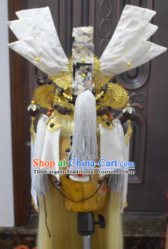 Chinese Ancient Emperor Periwig and Hair Crown Hair Accessories Handmade Cosplay Swordsman Headdress Traditional Puppet Show Golden Wigs Hairpieces