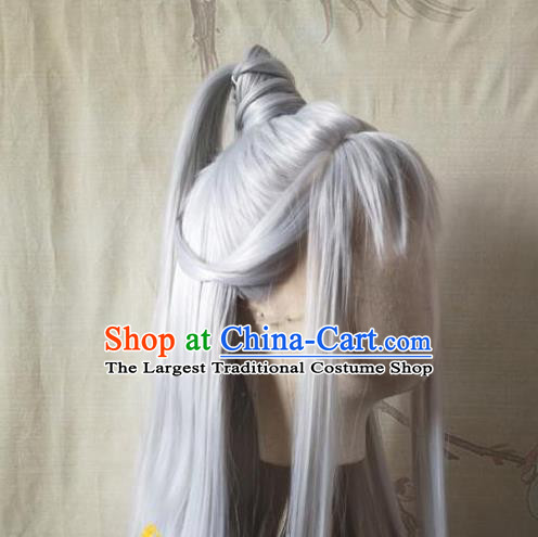 Chinese Ancient Swordsman Hair Accessories Handmade Cosplay Taoist Priest Hairpieces Jin Dynasty Elderly Male Front Lace Wigs Headdress