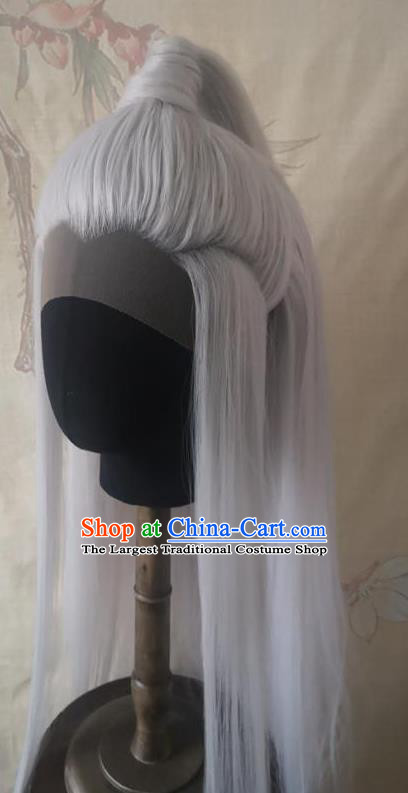 Chinese Ancient Taoist Priest Hair Accessories Handmade Cosplay Swordsman Hairpieces Traditional Hanfu Gray Front Lace Wigs Headdress