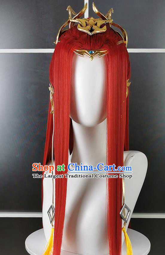 Chinese Traditional JX Online Childe Red Wigs and Hairdo Crown Headdress Ancient Prince Hair Accessories Cosplay Swordsman Hairpieces
