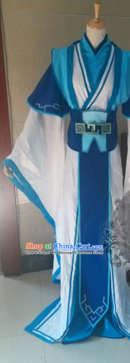 China Traditional Swords of Legends Immortal Zi Yin Garment Costumes Cosplay Swordsman Blue Apparels Ancient Taoist Priest Clothing