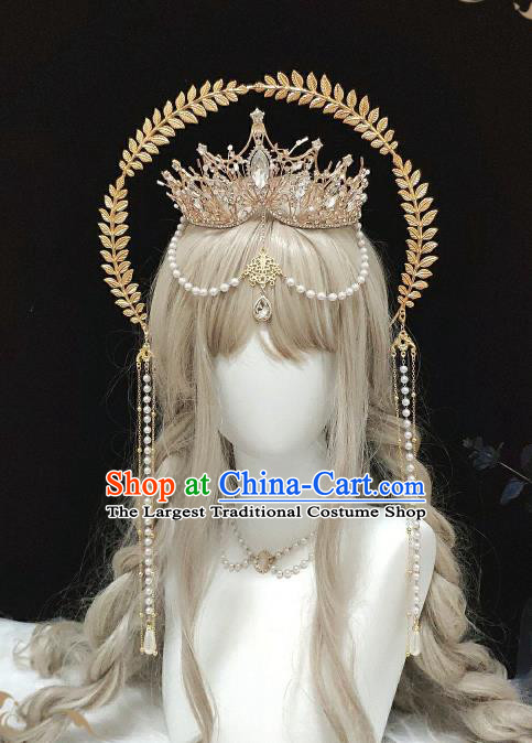 Handmade Baroque Queen Tiara Headpieces Cosplay Goddess Golden Royal Crown Halloween Performance Hair Accessories