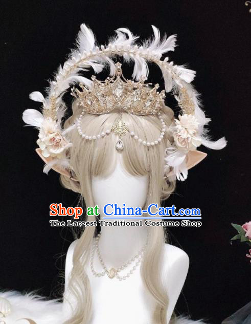Handmade Baroque Queen Tiara and White Feather Aureole Headpieces Cosplay Goddess Royal Crown Halloween Performance Hair Accessories