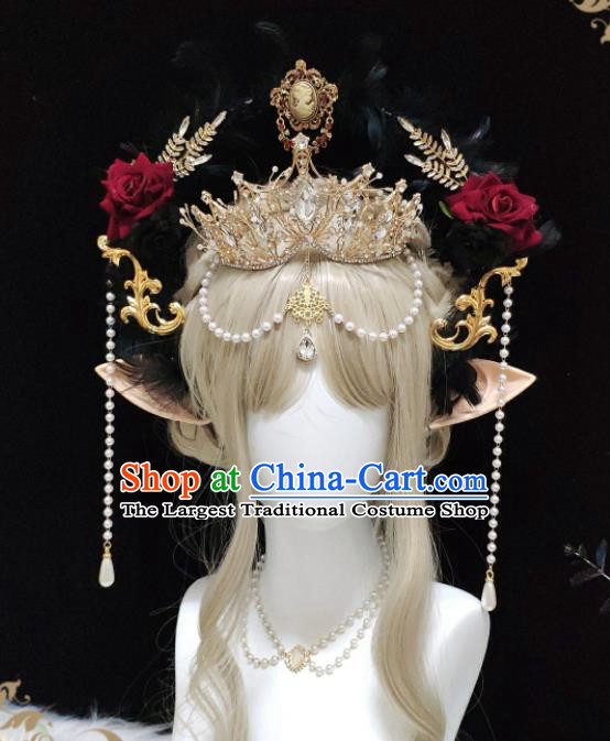 Handmade Cosplay Goddess Royal Crown Halloween Performance Hair Accessories Baroque Queen Tiara and Black Feather Aureole Headpieces